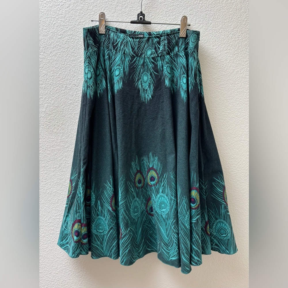 H&M peacock feather flare midi skirt size 6 turquoise green bohemian boho hippie - Picture 2 of 14